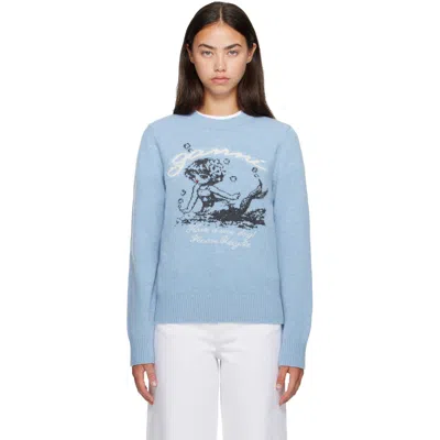 Ganni Graphic Wool Sweater Mermaid Soft Chambray In Blue
