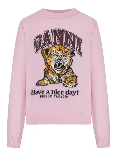 Ganni Graphic Print Long Sleeve Crew Neck Sweater In Pink