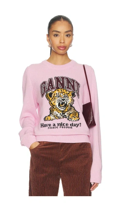 Ganni Graphic Print Long Sleeve Crew Neck Sweater In Pink