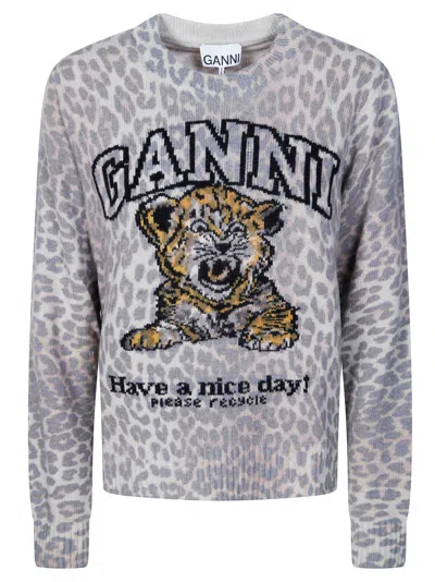 Ganni Graphic Wool Sweater Tiger In Gray