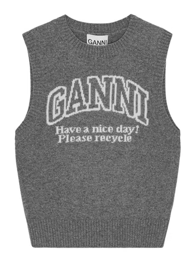 Ganni Knitted Vest With Logo In Frost Gray