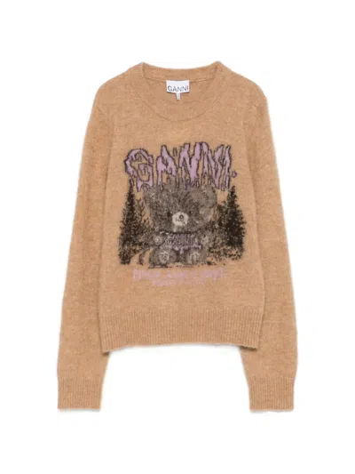 Ganni Graphic-intarsia Crew-neck Sweater In Brown