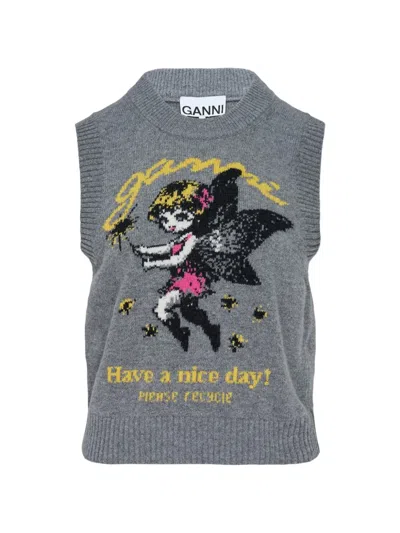 Ganni Graphic-intarsia Knitted Vest In Gray