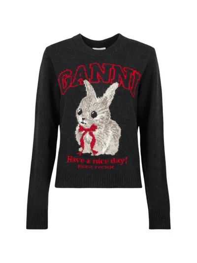 Ganni Graphic-intarsia Wool Sweater In Gray