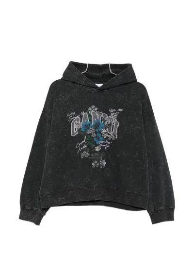 Ganni Gray Isoli Cropped Vintage Wash Hoodie In Blue