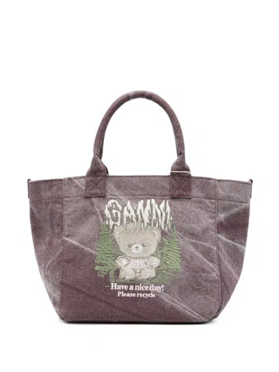 Ganni Graphic-print Cotton Tote Bag In Purple