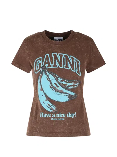Ganni Coffee Recycled Cotton Organic Cotton T-shirt In Brown