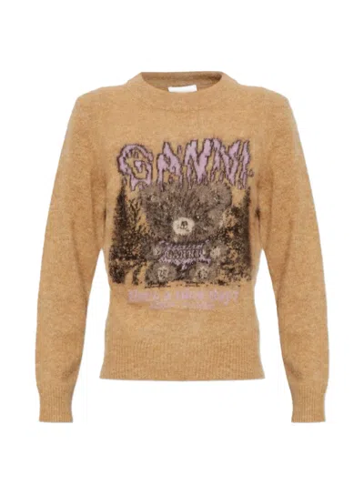 Ganni Graphic-print Intarsia-knit Sweater In Neutrals