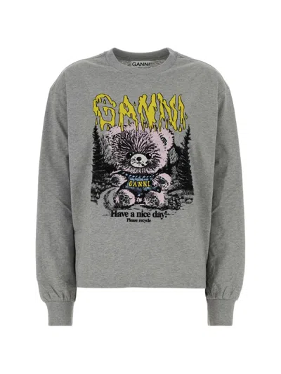 Ganni Graphic-print Long-sleeve Sweater In Gray