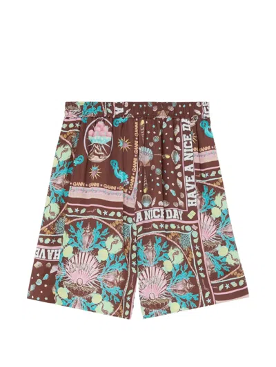 Ganni Graphic-print Shorts In Brown