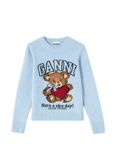 Ganni Wool Crew Neck Sweater Graphic Print In Blue