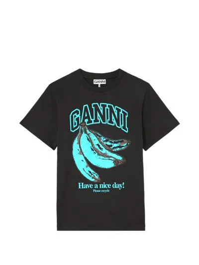 Ganni Banana Graphic Crew Neck Short Sleeve T Shirt In Black