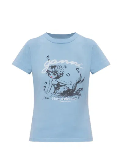 Ganni Baby Fit T-shirt With Mermaid In Blue