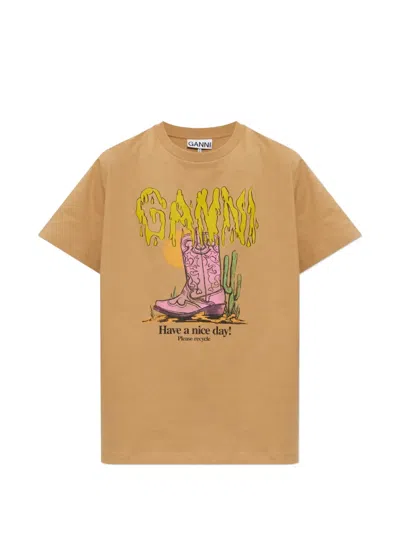 Ganni Graphic-print T-shirt In Brown
