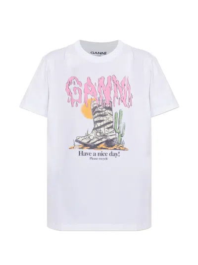 Ganni Graphic Western Cowboy Boots Print T-shirt In White