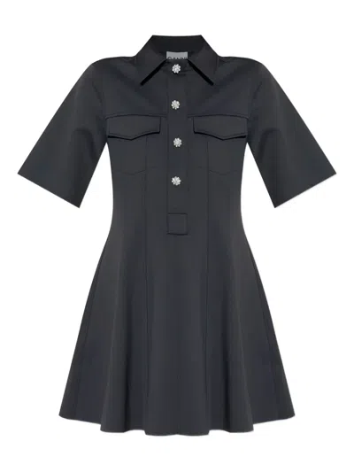 Ganni Mini Dress Scalloped Buttons A Line Silhouette In Black