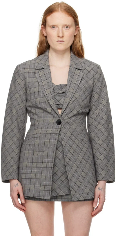 Ganni Check Mix Single-breasted Blazer In Grey