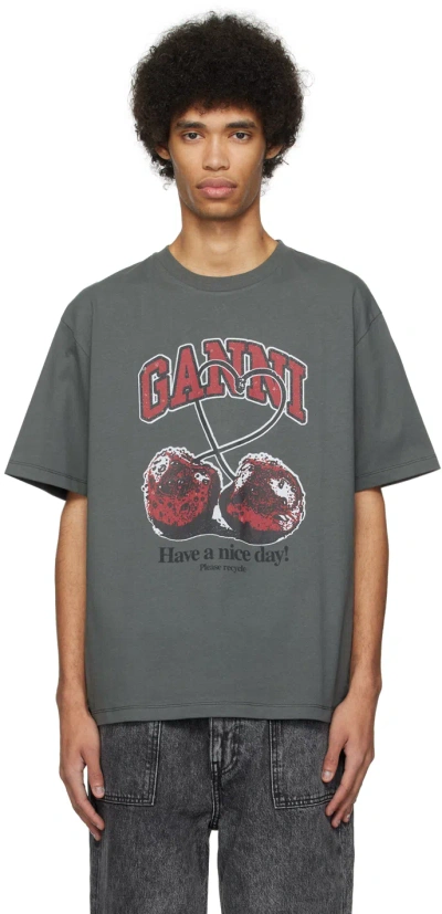 Ganni Grey Cherry T-shirt In Volcanic Ash