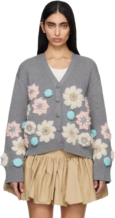 Ganni Gray Cotton Cashmere Flower Cardigan