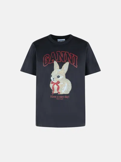 Ganni Gray Cotton T-shirt In Blue