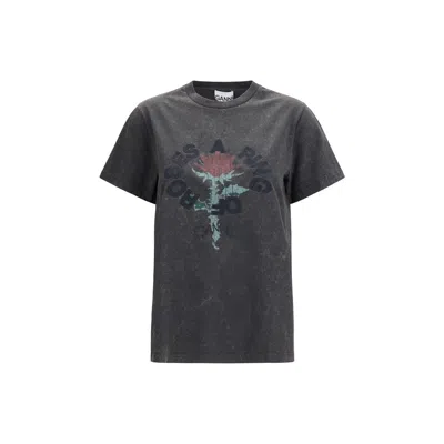 Ganni Oversized T-shirt With Rose Print In Gray