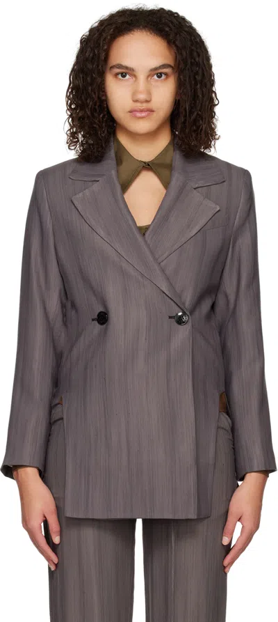 Ganni Cut-out Double-breasted Blazer In Grey