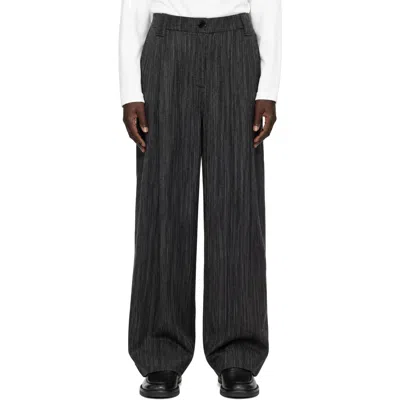 Ganni Gray Drapey Stripe Suiting Mid Waist Pleat Trousers In Black