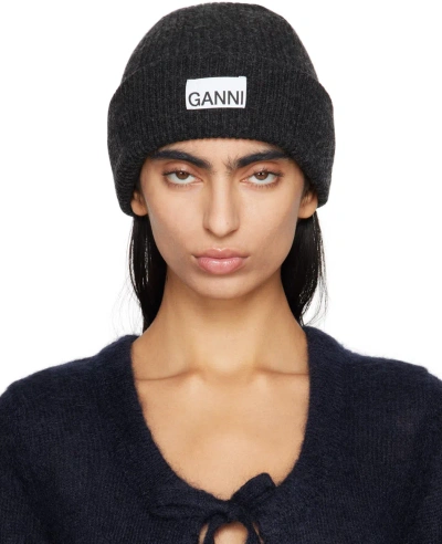 Ganni Gray Fitted Wool Rib Knit Beanie In 252 Phantom