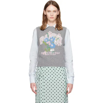 Ganni Gray Flowers Sweater Vest In Multi