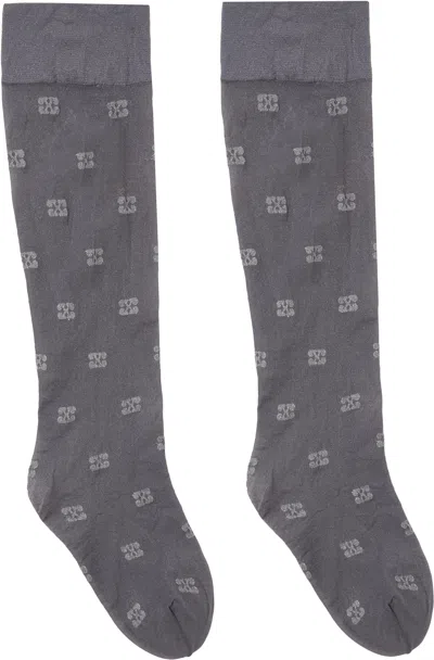 Ganni Gray Glitter Butterfly Lace Socks In 221 Dark Silver