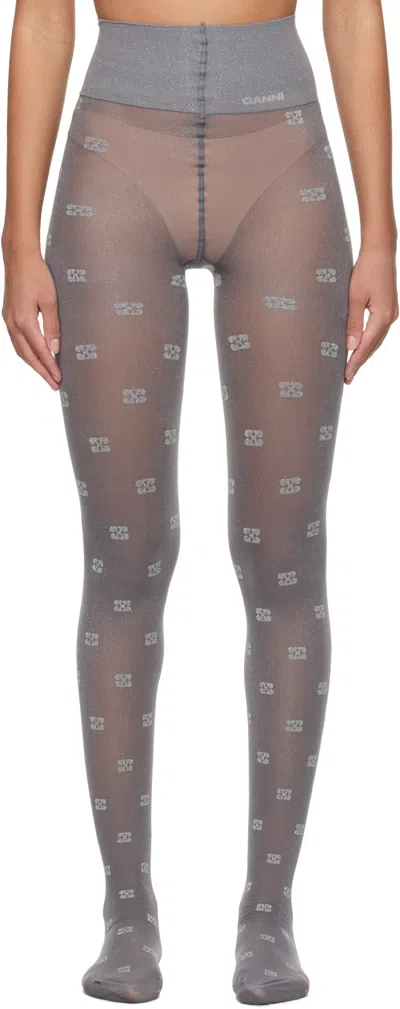 Ganni Gray Glitter Butterfly Lace Tights In 221 Dark Silver