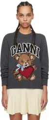 Ganni Wool Graphic Bear Crewneck Sweater In 084 Gray Quill