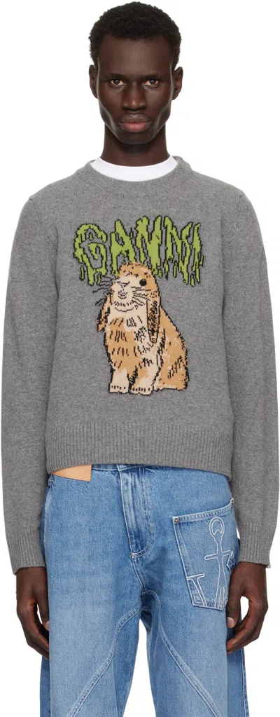 Ganni Gray Graphic Bunny Sweater In Frost Gray