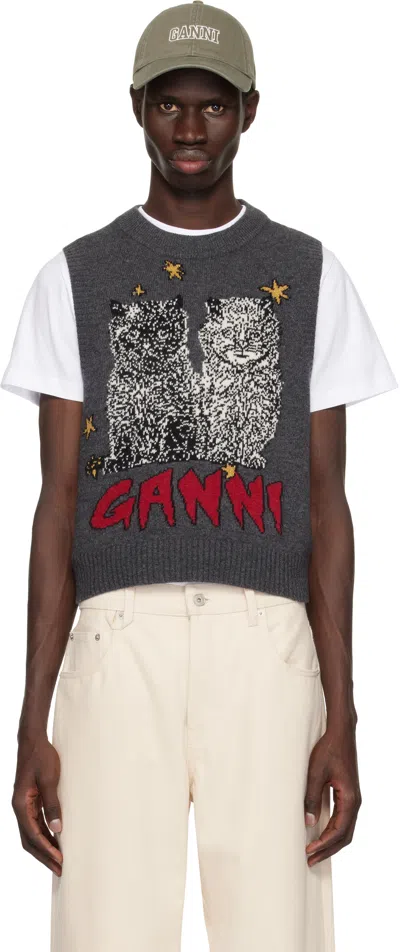 Ganni Gray Graphic Cats Vest In Gray Quill