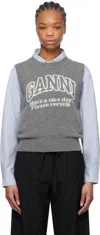 Ganni Knitted Vest With Logo In 523 Frost Gray