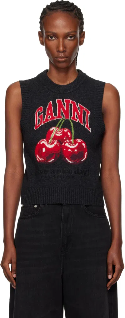 Ganni Gray Graphic Wool Sweater Vest In Black