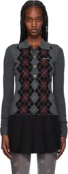 Ganni Grey Sweater With Classic Collar And Check Motif On The Front In Wool Woman In Gray