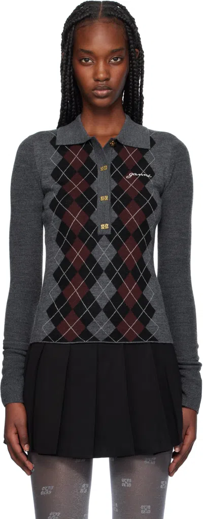 Ganni Women Grey Sweater With Classic Collar And Check Motif On The Front In Wool Woman In Gray