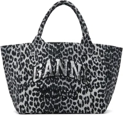 Ganni Gray Leopard Medium Tote In Silver