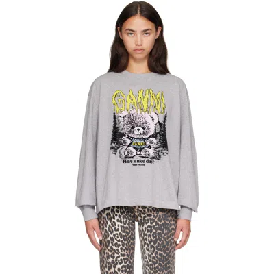 Ganni Gray Long-sleeve Teddy Forest T-shirt In Multi