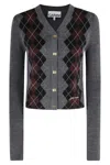 Ganni Grey Sweater With Classic Collar And Check Motif On The Front In Wool Woman
