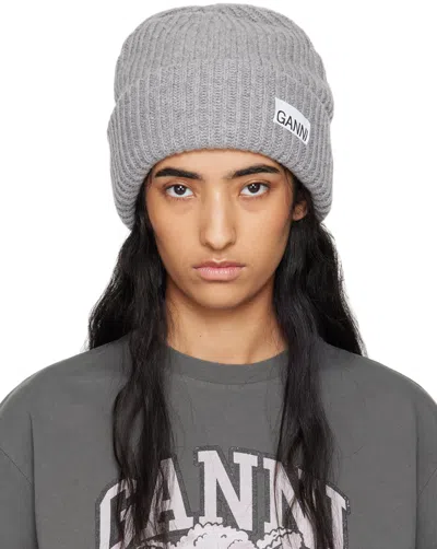 Ganni Loose Wool Rib Knit Beanie In Grey Fabric