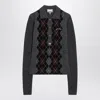 Ganni Grey Sweater With Classic Collar And Check Motif On The Front In Wool Woman In Gray