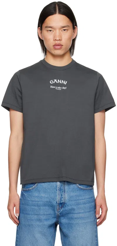 Ganni Gray Printed T-shirt In Volcanic Ash