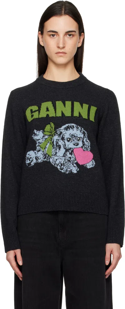 Ganni Graphic Wool Mix Puppy Love Crewneck In Black