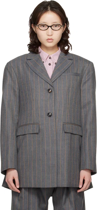 Ganni グレー ストライプ ウール テーラードジャケット In Gray