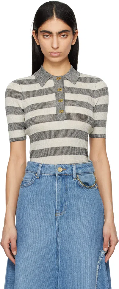 Ganni Gray Striped Sparkle Rib Polo In Multi