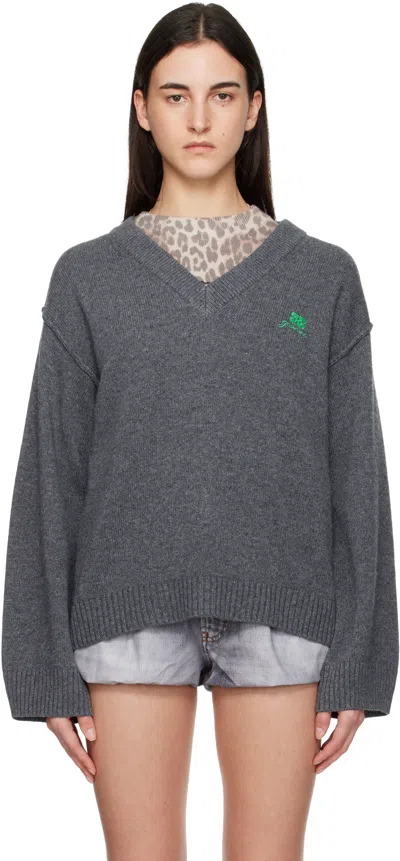 GANNI GRAY WOOL MIX V-NECK SWEATER