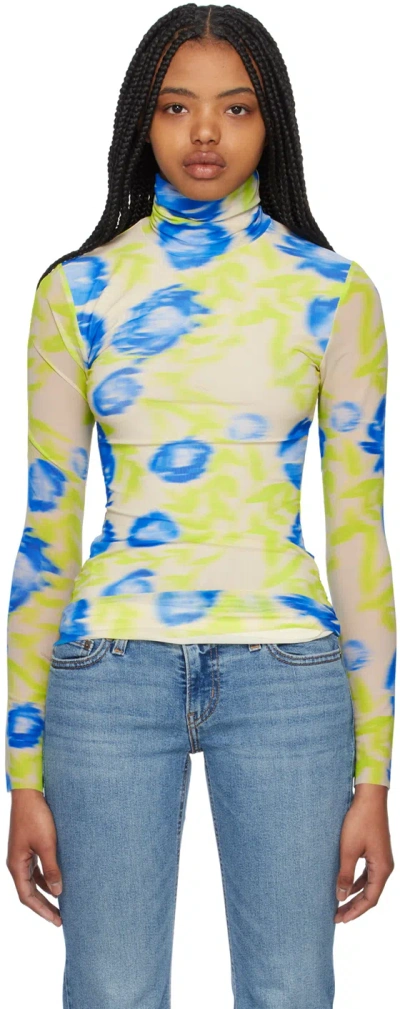 Ganni Printed Stretch-mesh Turtleneck Top In 799 Strong Blue