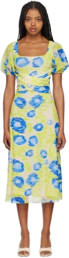 Ganni Ruched Printed Stretch-mesh Midi Dress In 799 Strong Blue